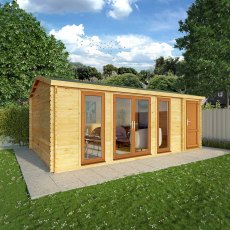 6.1mx4m Mercia Home Office Studio With Side Shed - (28mm to 44mm Logs) - UPVC oak