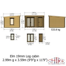 10G x 12 Shire Elm Log Cabin With Side Shed In 19mm Logs - dimensions