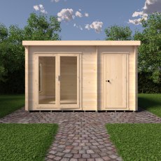 10G x 12 Shire Elm Log Cabin With Side Shed In 19mm Logs - in situ, front view, doors closed