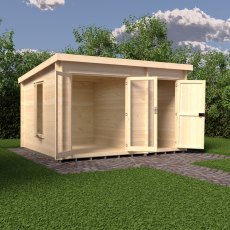 10G x 12 Shire Elm Log Cabin With Side Shed In 19mm Logs - in situ, angle view, doors open