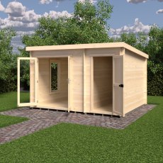 10G x 12 Shire Elm Log Cabin With Side Shed In 19mm Logs - in situ, angle view, doors open