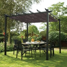 Rowlinson Latina Metal Pergola in Grey 3mx3m - insitu used as a dining area