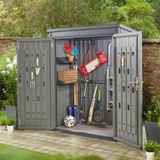 4x2 Hex Living Weston Pent Metal Shed in Anthracite Grey - insitu double doors open