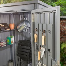 4x2 Hex Living Weston Pent Metal Shed in Anthracite Grey - close up of integrated door panels with hooks