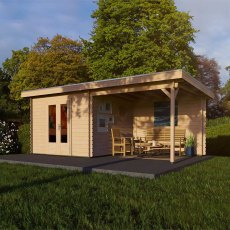 6m x 3m Lugarde Woodpro Pent Log Cabin with Canopy in 28mm Thick Wall Logs - insitu