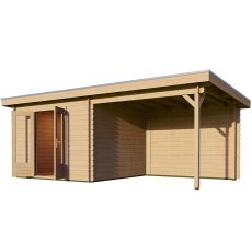 6m x 3m Lugarde Woodpro Pent Log Cabin with Canopy in 28mm Thick Wall Logs - isolated doors open