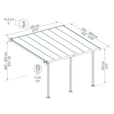 10x14 Palram Canopia Olympia Grey Patio Cover With Clear Panels - dimensions