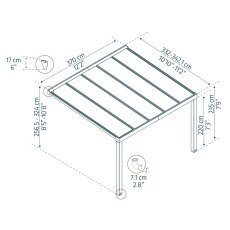 11x12 Palram Canopia Stockholm Grey Clear Patio Cover - dimensions