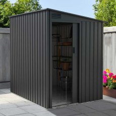 5x7 Lotus Arley Lean-to Metal Shed in  Anthracite Grey - in situ, angle view, open doors