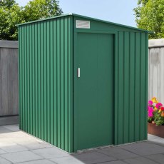 5x7 Lotus Arley Lean-to Metal Shed in Heritage Green - in situ, angle view, doors closed