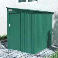 5x7 Lotus Arley Lean-to Metal Shed in Heritage Green - in situ, angle view, LHS