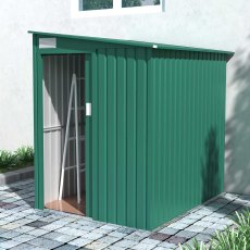 5x7 Lotus Arley Lean-to Metal Shed in Heritage Green - in situ, angle view, doors open LHS