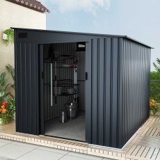 7x9 Lotus Arley Lean-to Metal Shed in  Anthracite Grey - in stiu, angle view, doors open