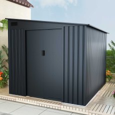 7x9 Lotus Arley Lean-to Metal Shed in  Anthracite Grey - in stiu, angle view, doors closed