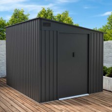 7x9 Lotus Arley Lean-to Metal Shed in  Anthracite Grey - in stiu, angle view, doors closed