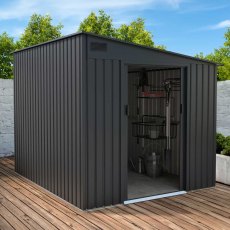 7x9 Lotus Arley Lean-to Metal Shed in  Anthracite Grey - in stiu, angle view, doors open