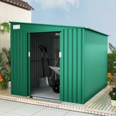 7x9 Lotus Arley Lean-to Metal Shed in  Heritage Green - in situ, angle view, doors open