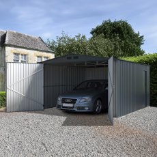 13x14 Lotus Apollo Metal Garage in Anthracite Grey - in situ, angle view, doors open