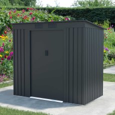 7x4 Lotus Adonis Pent Metal Shed in Grey - in situ, angle view, doors closed