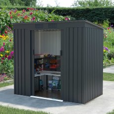 7x4 Lotus Adonis Pent Metal Shed in Grey - in situ, angle view, doors open