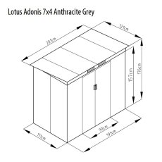 7x4 Lotus Adonis Pent Metal Shed in Grey - dimensions