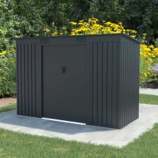 9x4 Lotus Adonis Pent Metal Shed in Anthracite Grey - in situ, angle view, doors closed