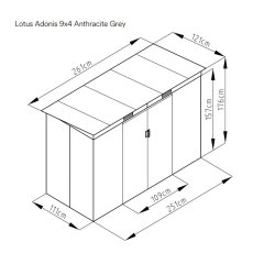 9x4 Lotus Adonis Pent Metal Shed in Anthracite Grey - Dimensions