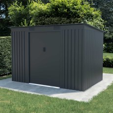 8x6 Lotus Adonis Pent Metal Shed in Anthracite Grey - in situ, angle view, doors closed