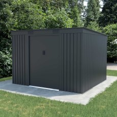 8x8 Lotus Adonis Pent Metal Shed in Anthracite Grey - in situ, angle view, doors closed