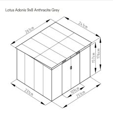 8x8 Lotus Adonis Pent Metal Shed in Anthracite Grey - dimensions