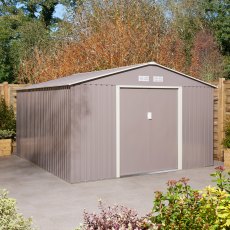 10x12 Rowlinson Trentvale Apex Metal  Shed in Light Grey - in stiu, doors closed