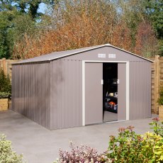 10x12 Rowlinson Trentvale Apex Metal  Shed in Light Grey - in stiu, doors half open