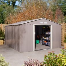 10x12 Rowlinson Trentvale Apex Metal  Shed in Light Grey - in stiu, doors open