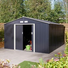 10x12 Rowlinson Trentvale Apex Metal  Shed in Dark Grey - in situ, doors half open