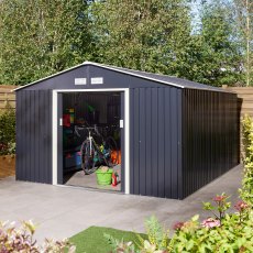 10x12 Rowlinson Trentvale Apex Metal  Shed in Dark Grey - in situ, doors open