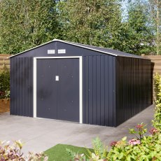 10x12 Rowlinson Trentvale Apex Metal  Shed in Dark Grey - in situ, doors closed