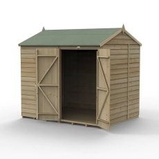 8x6 Forest 4Life Overlap Windowless Reverse Apex Wooden Shed 25yr Guarantee - isolated angle view, doors open