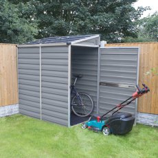 4x6 Palram Skylight Pent Plastic Shed - in situ, angle view, doors open