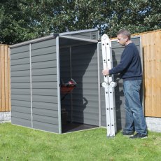 4x6 Palram Skylight Pent Plastic Shed - in situ, angle view, doors open