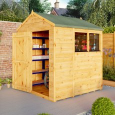 Mercia Woodsman Shiplap Apex 6x6 Shed - in situ, angle view, doors open