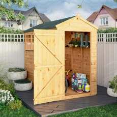 Mercia Woodsman Shiplap Apex 8x4 Shed - in situ, angle view, doors open