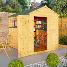 Mercia Woodsman Shiplap Apex 8x6 Shed - in situ, angle view, doors open