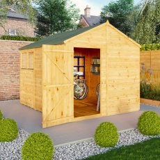 Mercia Woodsman Shiplap Apex 10x8 Shed - in situ, angle view, doors closed