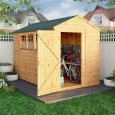 Mercia Woodsman Shiplap Apex 10x6 Shed - in situ, angle view , doors open