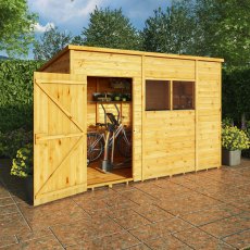 Mercia Woodsman Shiplap Pent 10x6 Shed - in situ, angle view - doors open