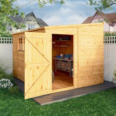 Mercia Woodsman Shiplap Pent 10 x 8 Shed - in situ, angle view, door open