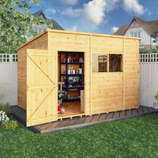 Mercia Woodsman Shiplap Pent 10 x 8 Shed - in situ, angle view, doors open