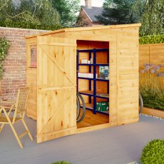 Mercia Woodsman Shiplap Pent 6 x 6 Shed - in situ, angle view, doors open