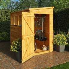 Mercia Woodsman Shiplap Pent 8x4 Shed - in situ, angle view, doors open