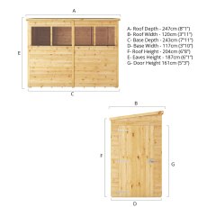 Mercia Woodsman Shiplap Pent 8x4 Shed - dimensions